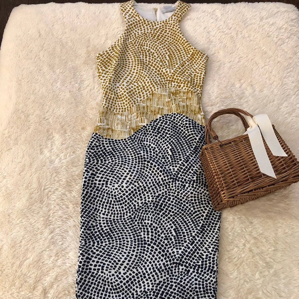 NEVER WORN Blue and Yellow Pencil Dress